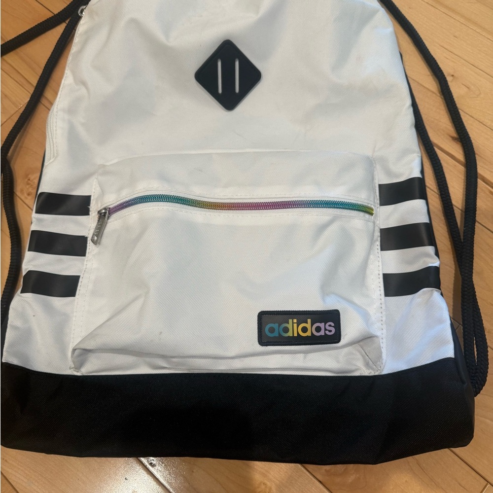 Adidas White and Black Drawstring Bag with Logo